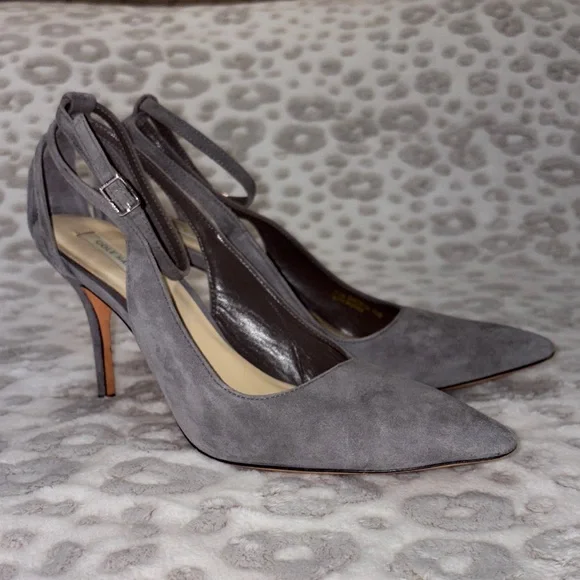 Cole Haan Dove Gray Suede Ankle Strap Heels - Picture 2 of 11